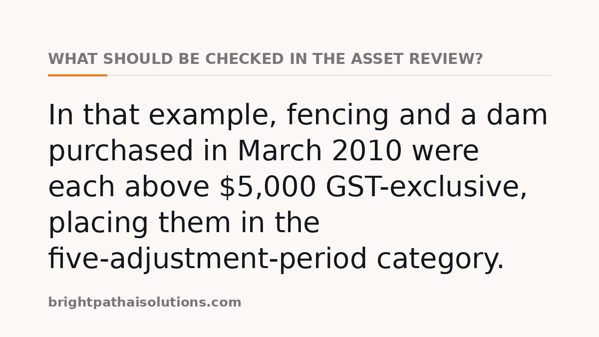 What should be checked in the asset review?: In that example, fencing and a dam purchased in March 2010 were each above $5,000 GST-exclusive, placing them in the five-adjustment-period category.